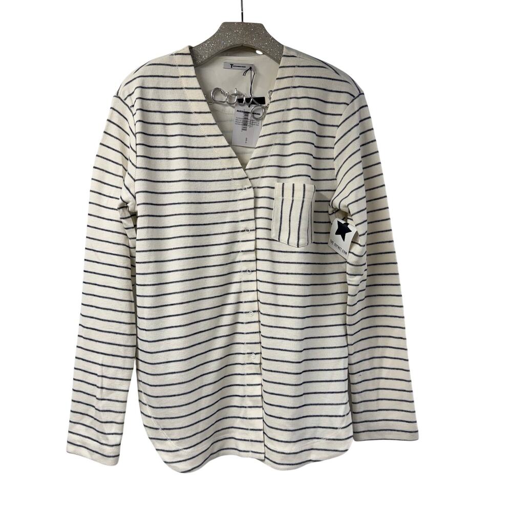 T Alexander Wang French Rib Cotton Blend Baseball Tee Striped Snap Front VNeck